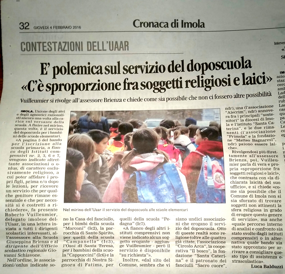 Corriere Imola 4.2.2016 - Doposcuola religioso